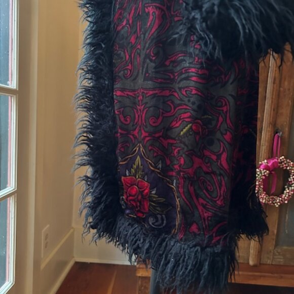 Vintage Betsey Johnson 'Frankie loves Johnny' Tattoo Design Velvet Duster Coat - Picture 5 of 8